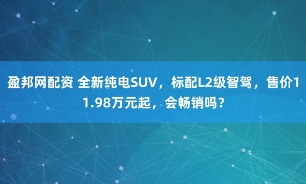 盈邦网配资 全新纯电SUV，标配L2级智驾，售价11.98万元起，会畅销吗？